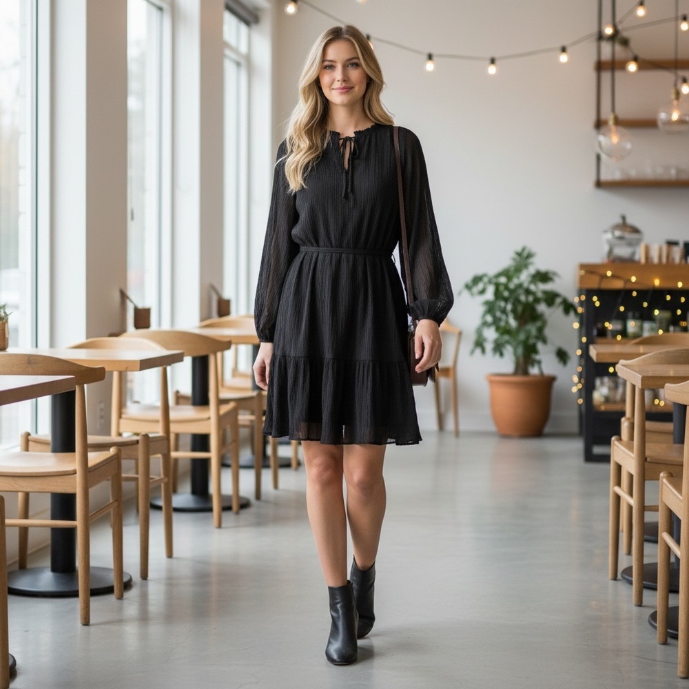 ❤️ LOFT Black Chiffon Pleated Long Sleeve Tie Waist Dress